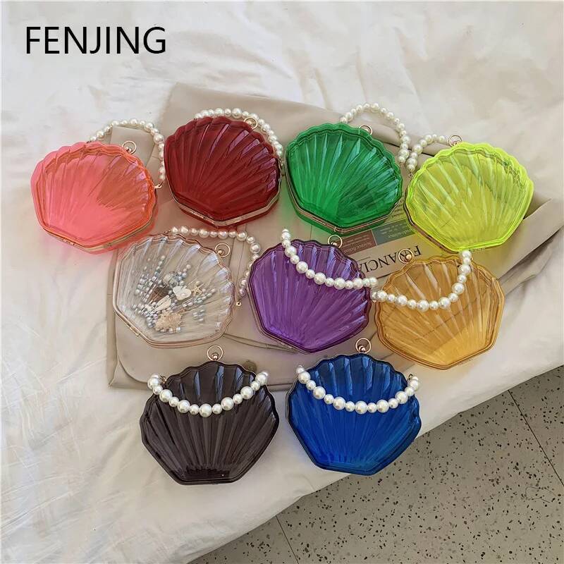 Evening Bags for Women 2023 New Transparent Shell Clutch Box Handbags Pearl Chain Crossbody Acrylic Purse Shoulder Bag