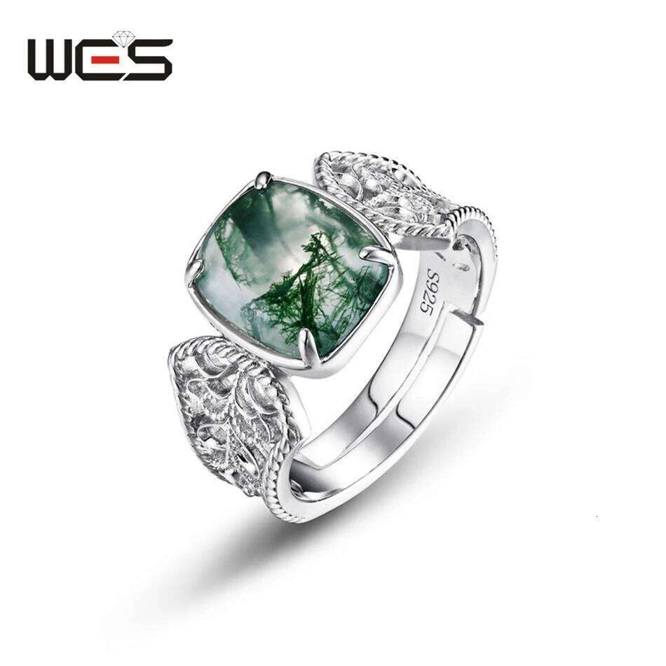 WES 925 Sterling Silver Natural Vintage 8*10mm Green Moss Agate Open Rings for Woman Wedding Gifts Certified Jewelry Wholesale H260312