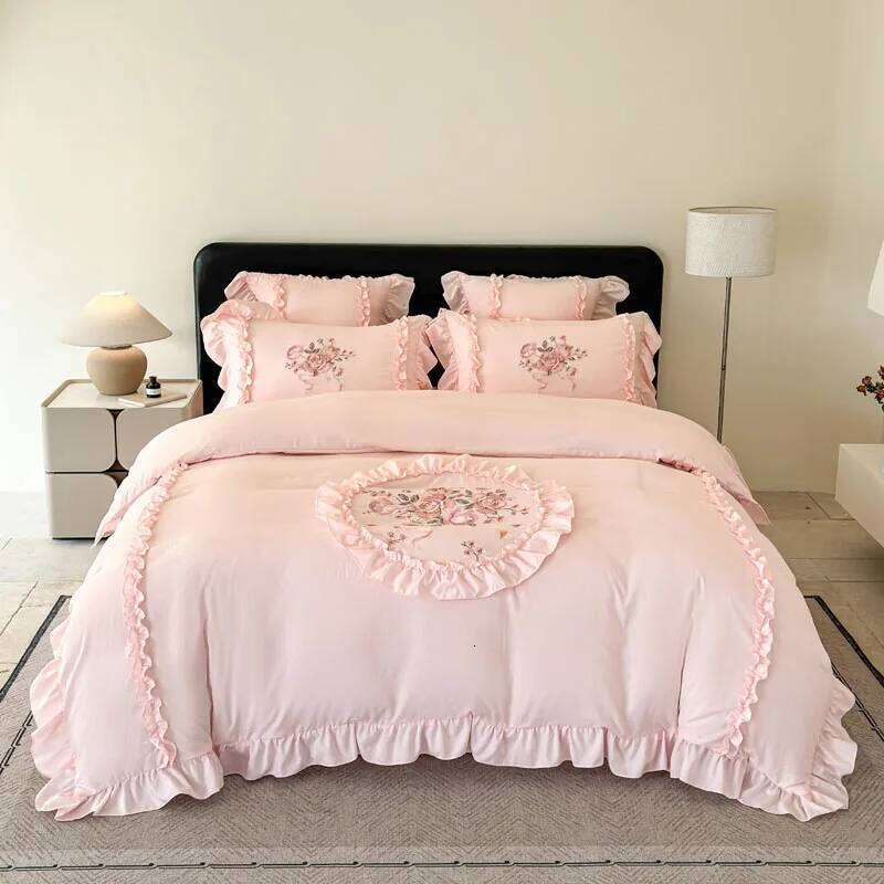 4Pcs Rose Flowers Embroidery Bedding Set Double King Queen Size Pink Girls Bedroom Duvet Cover Flat/Fitted Bed Sheet Pillowcases H260312