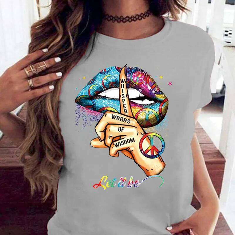 COTTON 100% Loose Crew-neck Creative Mouth Short-sleeved T-shirt Woman Oversized T Shirt Tops Aesthetic Clothes Z260312