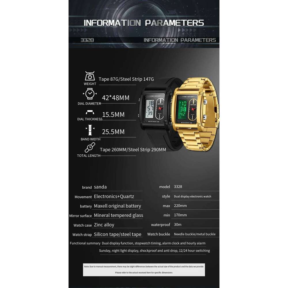 SANDA New 3328 Top-Level Sports Multifunctional Waterproof Dual Display Men's Electronic Watch