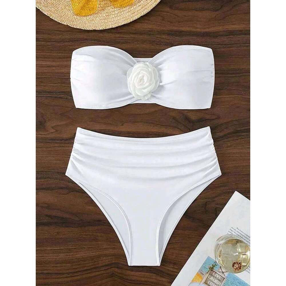 XS - L 3D Flower Bandeau Bikinis Female Swimsuit High Waist Women Swimwear Two-pieces Bikini Set Bathing Suit Swim Lady Y260303