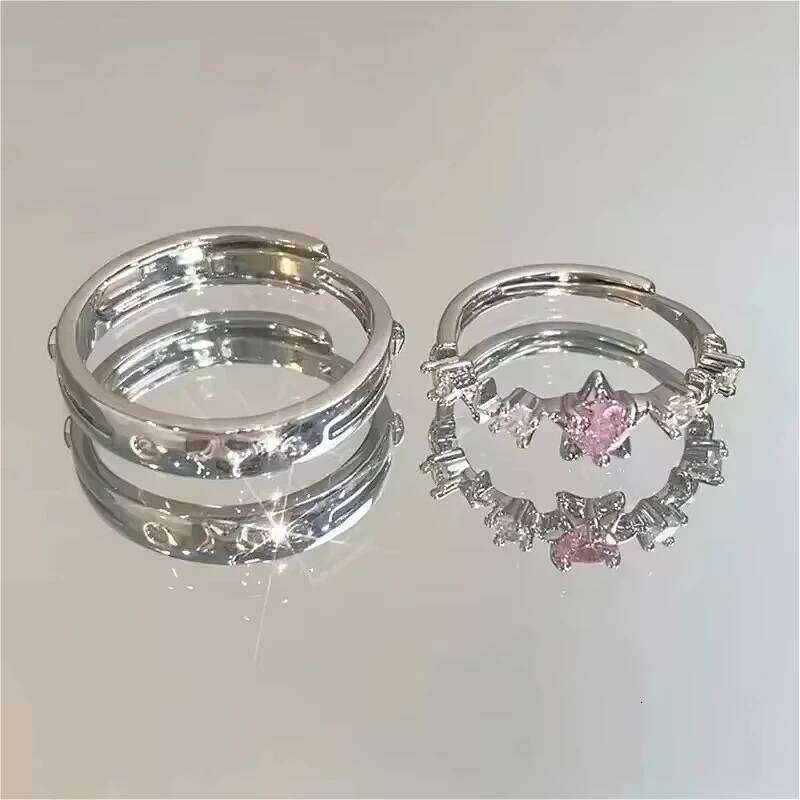 Luxury Pink Rhinestone Star for Women Men Y2k Adjustable Couple Rings Engagement Wedding Jewelry Fashion Girlfriend Gifts W260311