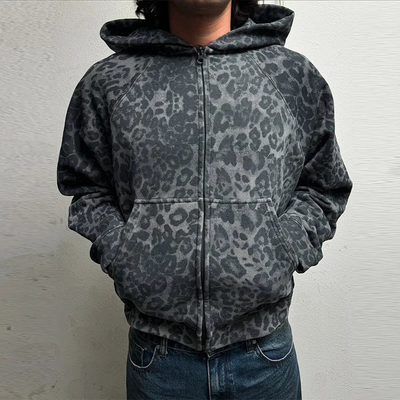 Mens Leopard Print Hoodie Autumn Winter Gothic Streetwear Zip Up Jacket Vintage Denim Kangaroo Pocket Loose Fit Fashion 260311