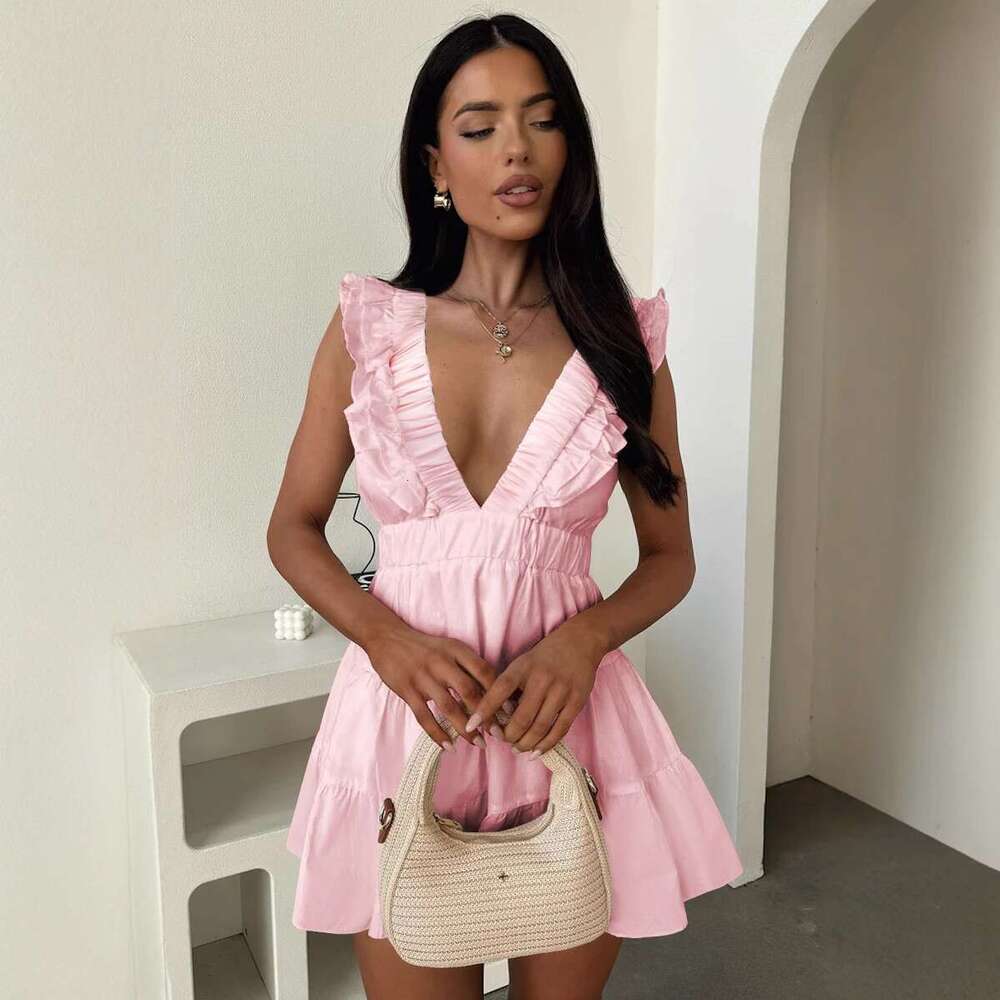 Summer Cross-Border Hot-Selling New European and American Style Slim Sleeveless Deep V-Neck Ruffled Sexy Elegant Dress