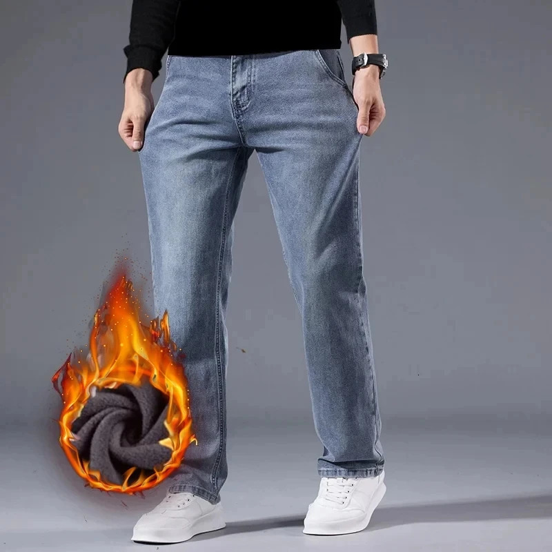 Winter Fleece Men Jeans Thick Stretch Business Casual Trousers Classic Loose Straight Warm Velvet Denim Pants Office Daily Wear 260228
