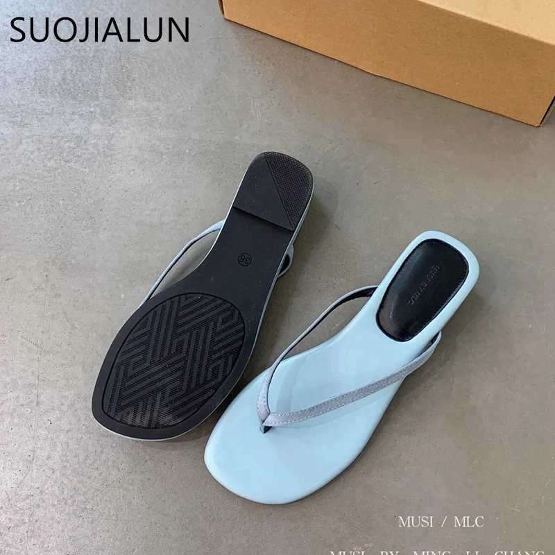 SUOJIALUN 2025 Summer New Women Slipper Fashion Narrow Band Ladies Elegant Outdoor Dress Slides Low Wedge Heel Flip Flops K260312