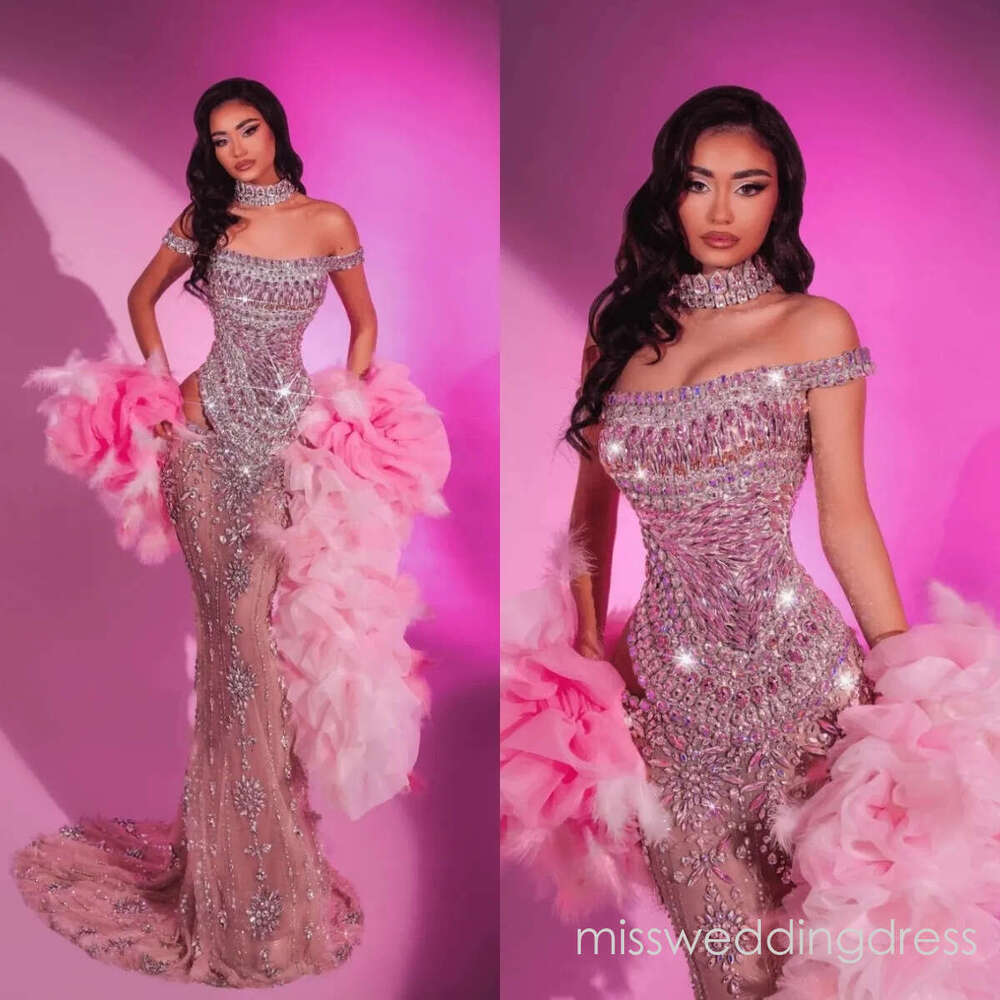 Glamorous Off Shoulder Evening Dresses Crystal Illusion Prom Dress Feather Ruffle Shawl Customized Party Gowns Vestidos De Noche Plus Size