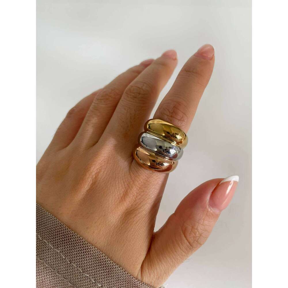 GHIDBK Free Tarnish Stainless Steel Gold Silver Splicing Color Multi-layer Chunky Dome Ring for Women Men Fashion Jewelry Party H260312