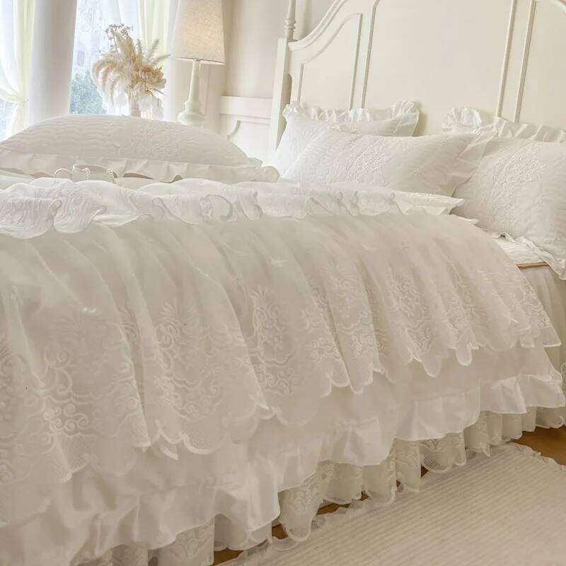 4/6Pcs Princess Wedding Bedding Set 600TC Egyptian Cotton Double Layer Lace Ruffles Duvet Cover Bed Skirt Bedspread Pillowcases H260312