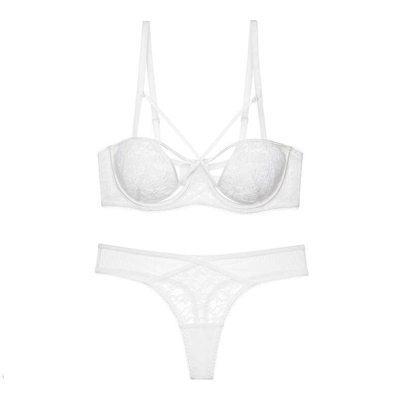 Women Elegant Lace Bra and Panty Set with Criss-Cross Detail Sheer Underwire Lingerie for Confident Everyday Glamour