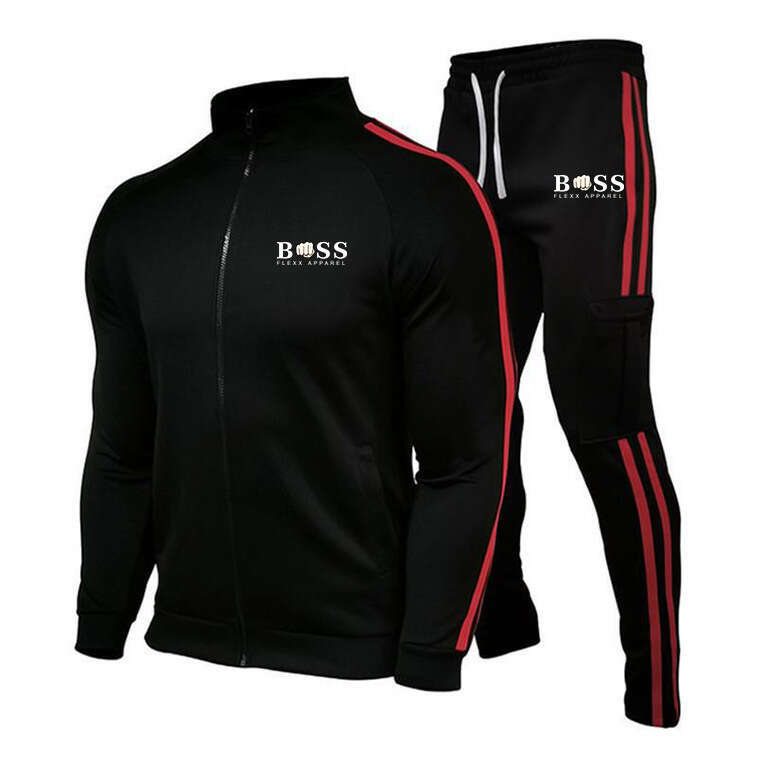 New Men's Cardigan Stand-up Collar Sports Suit, ports and casual zipper splicing pants two-piece set, Casual Slim-fit Running Sports Set