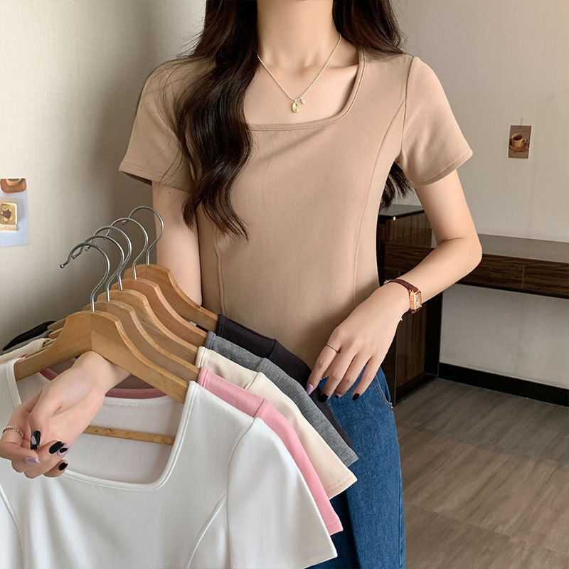Off-shoulder Square Designer Shirt Neck Short Sleeve T-shirt Designer Hoodie Women's Polo Shirt Solid Color Summer New Fashionable Youthful Fishb