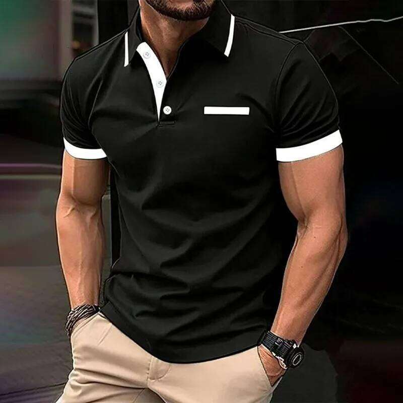 Spring Summer Men Clothes Short Sleeve Turn-down Collar Fake Pocket Print Business Casual Polo Shirt Resilient Tops 26H0312