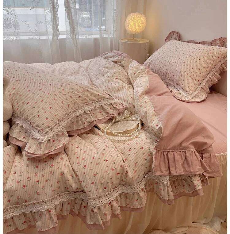 4Pcs Princess Style 100% Cotton 2025 New Girly Heart Lace Bedding Sheet Hat Bed Skirt Duvet Cover 200x230 Four Seasons H260312