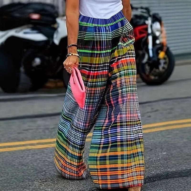 2025 New European and American Women's Fashion Spring/Autumn Colorful Printed High-Waisted Casual Comfortable Draped Wide-Leg Pants
