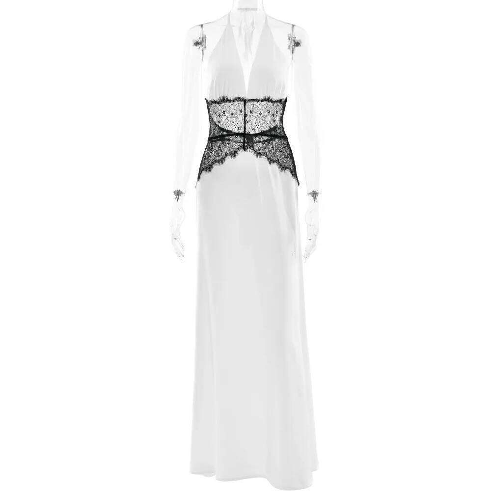 2025 Summer Backless Sexy Maxi Dress Women White Black Gown Lace Patchwork Halter Deep V Neck Sleeveless Party Club Long Dresses C260312