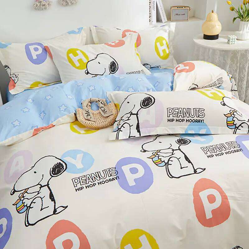 Genuine Snoopy 100% 4pcs Children's Cotton Washed Quilt Cover Bed Sheet Pillowcase 3pcs Set H260312