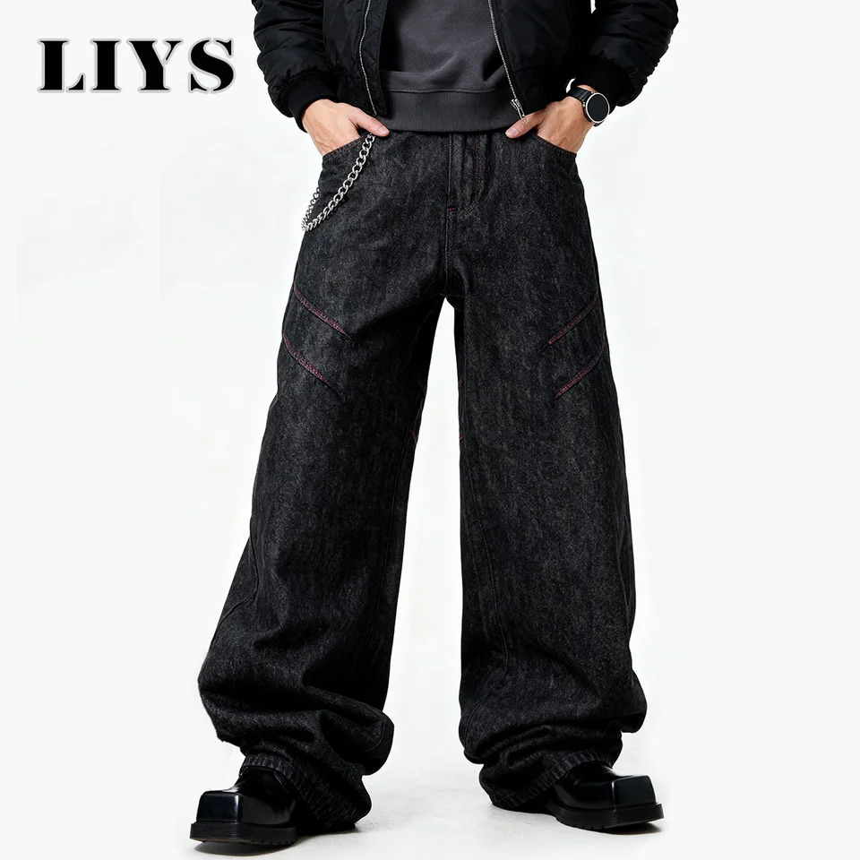 Four Seasons American Retro Mens Black Baggy Wide Leg Jeans Basic Style Business Casual Loose Denim Pants Unisex Street Jeans 260310