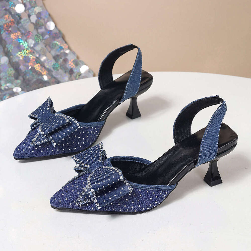Petite Elegant Rhinestone Pointed Toe Bow High Heels Women Summer New Thin Heel Export Closed-Toe Sandals Size 43