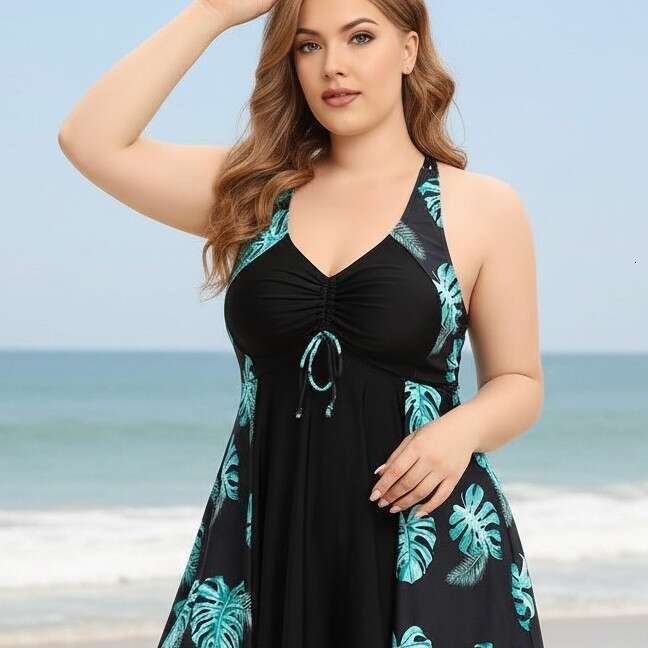 2026 New European and American Cross-Border Women's Swimwear: Conservative, Plus Size, Loose-Fit Skirted Printed Swimsuit with Straps, Concealing