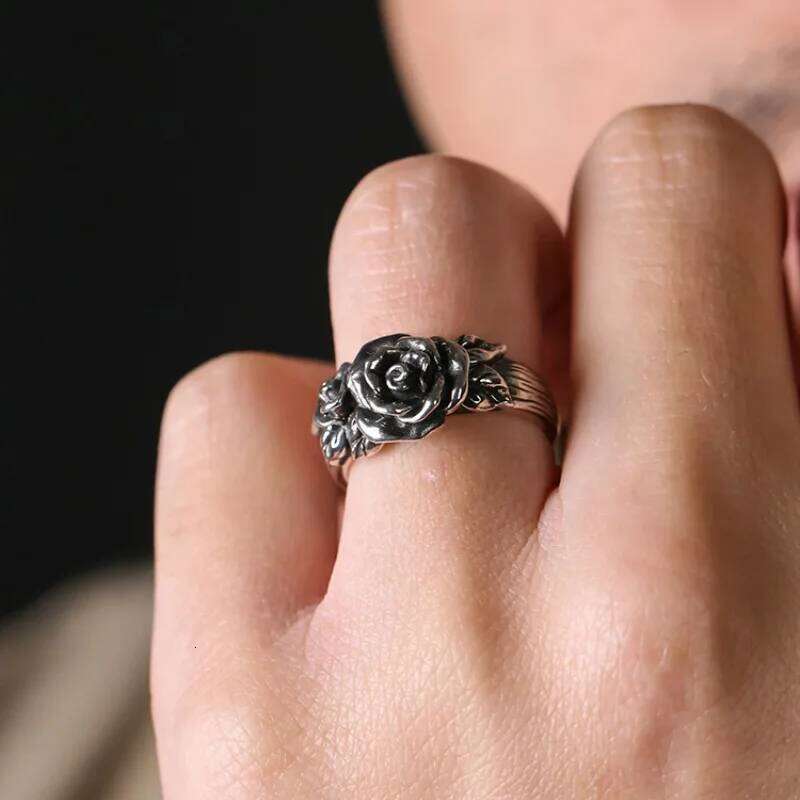 Buyee 925 Sterling Silver Couples rs Finger Rose Flower Open Ring for Women Men Fashion Gray Ethnic Fine Jewelry Circle H260312