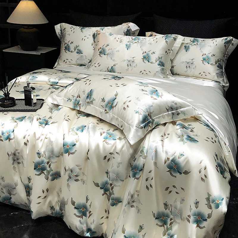 High End Mulberry Silk Bedding Set Floral Printed Luxury Satin Duvet Cover Set with Sheets and 2 Pillowcases King Queen SizeT260312