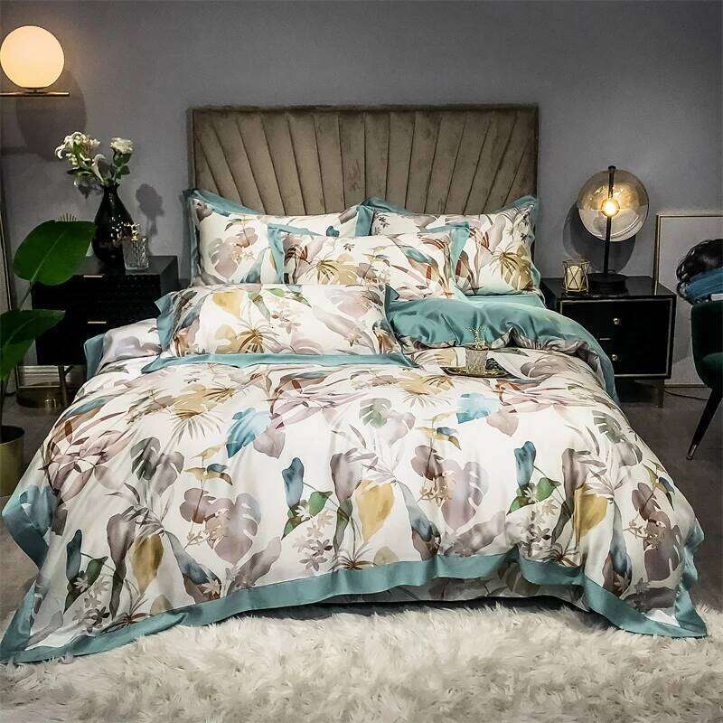600TC Lyocell Soft Silky Cooling Summer Tropical Plant Print Bedding Duvet Cover Set Flat/Fitted Bed Sheet Pillowcase 4Pcs H260312