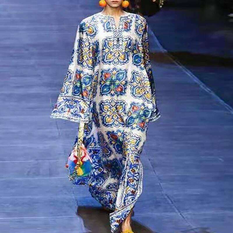 Vintage Pattern Printed High Waist Women S New Long Sleeved Loose Bohemian Dress Casual Side Split Robe Beach Dresses MAKOUFEI