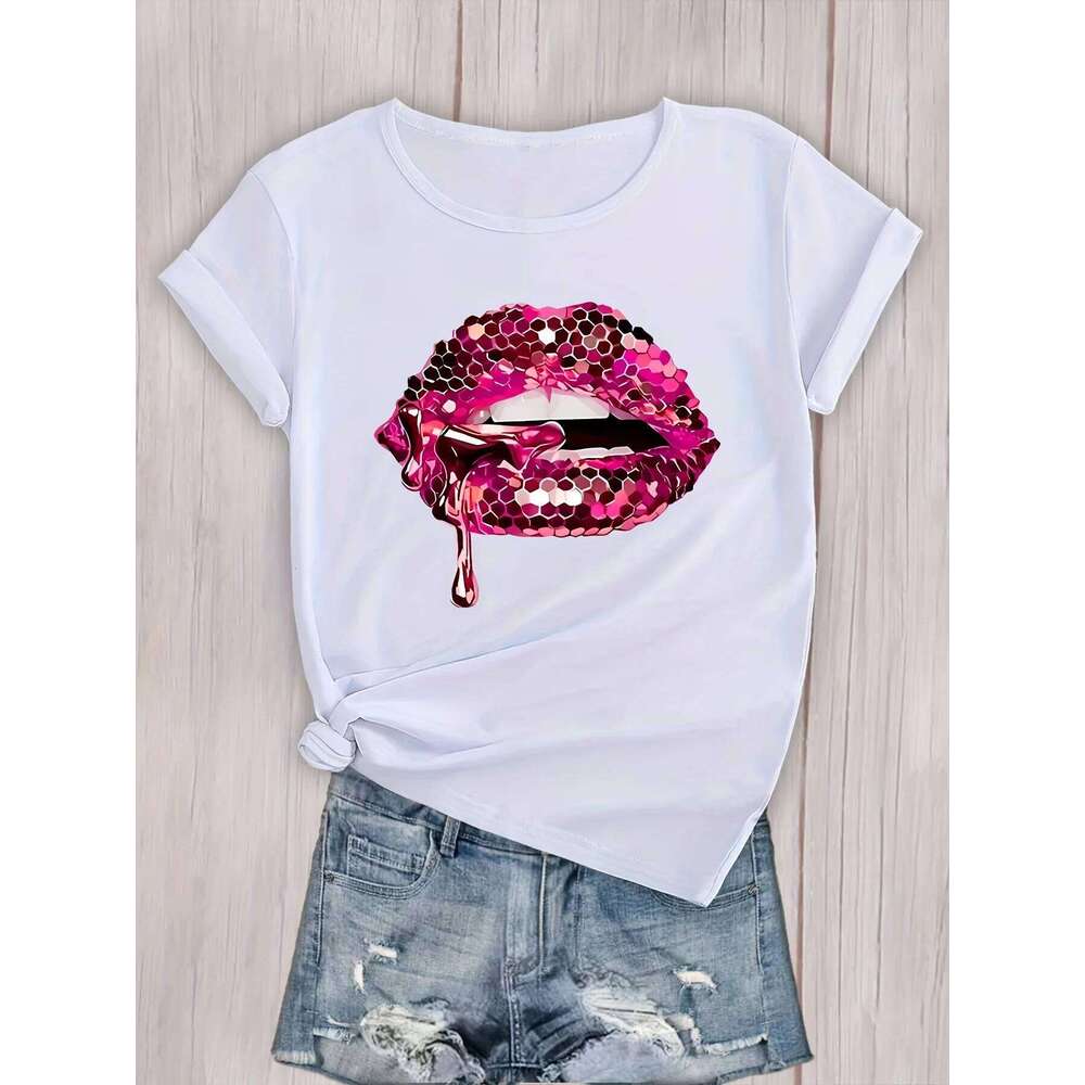 Crew Neck Workout Top Women's Activewear Lips Graphic Sports T-shirt Short Sleeve Casual Aesthetic Clothes Z260312