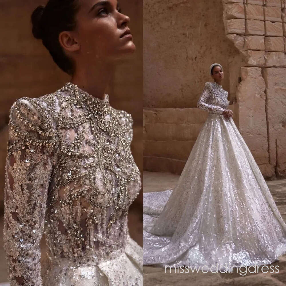 Luxurious Crystal Wedding Dresses High Neck Sequins Bride Gown A-Line Bridal Dress Shiny Long Sleeves Custom Made Sweep Train Vestidos De Novia