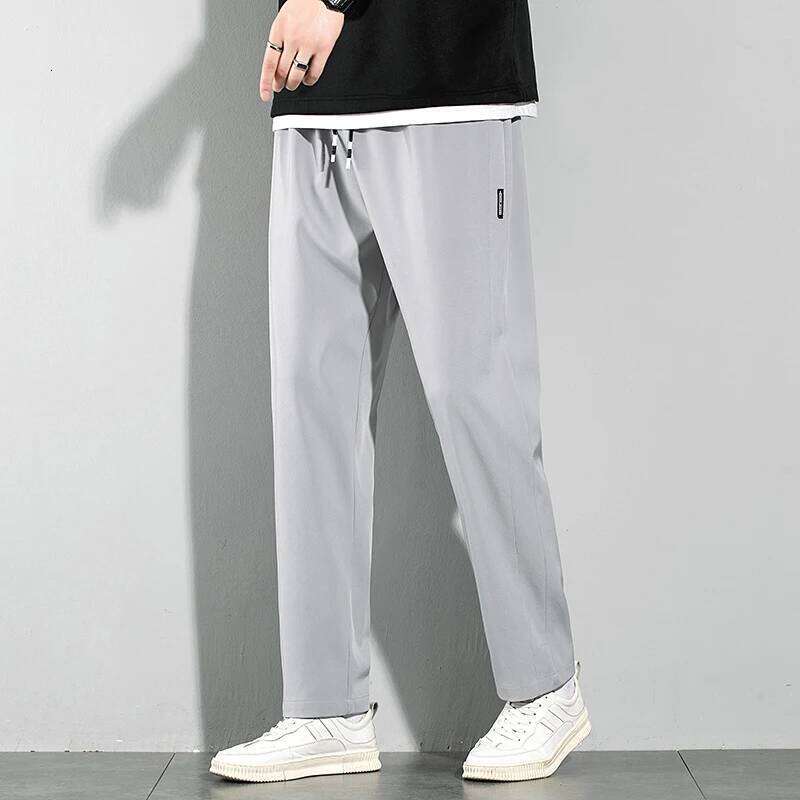 Ice Silk Men's 2025 Summer New Black Gray Thin Business Casual Pants Outdoor Elastic Breathable Straight Leg Sweatpants