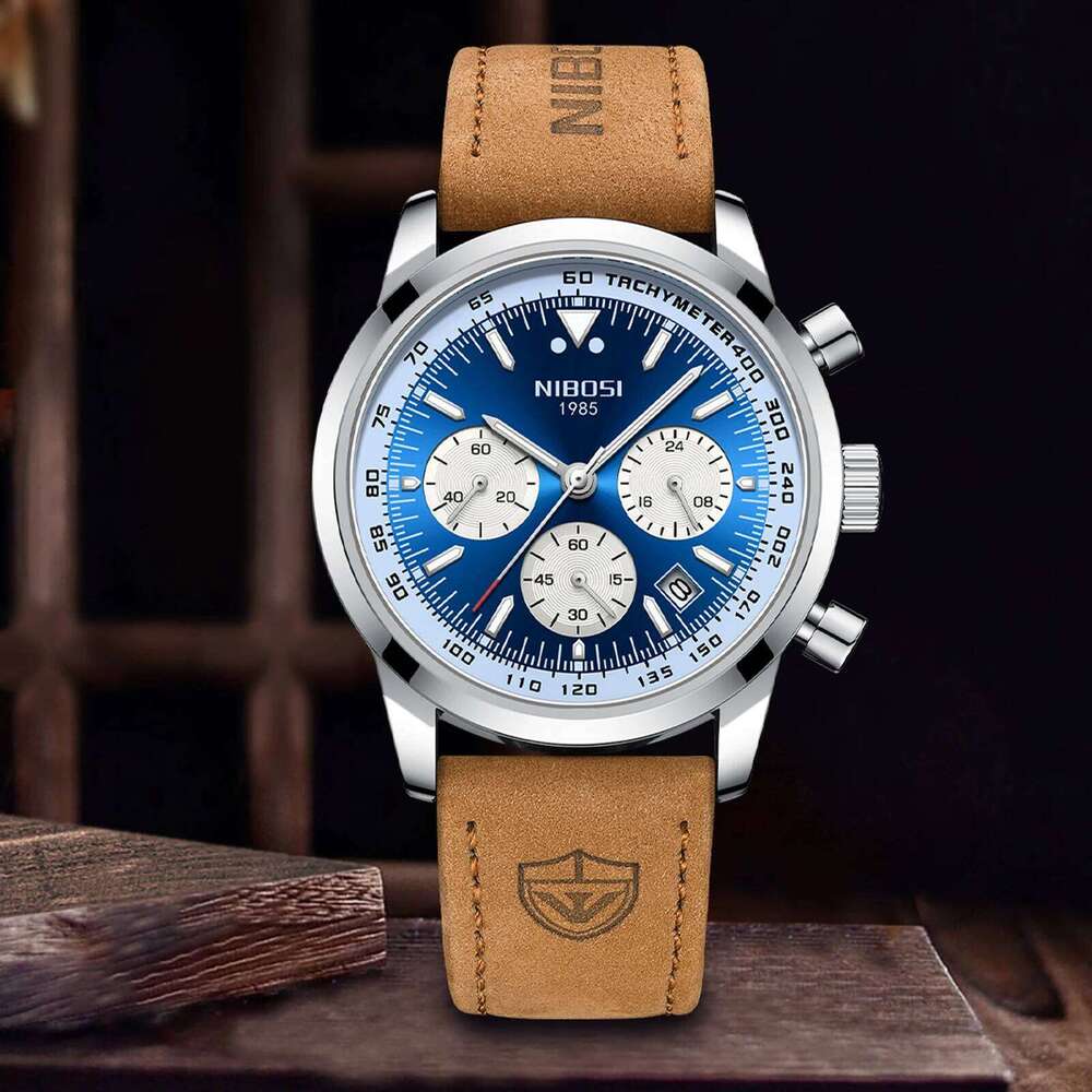 NIBOSI Fashion Watches for Leather Band Casual Business Men Chronograph Large Luminous Analog Quartz Wrist Watch Reloj