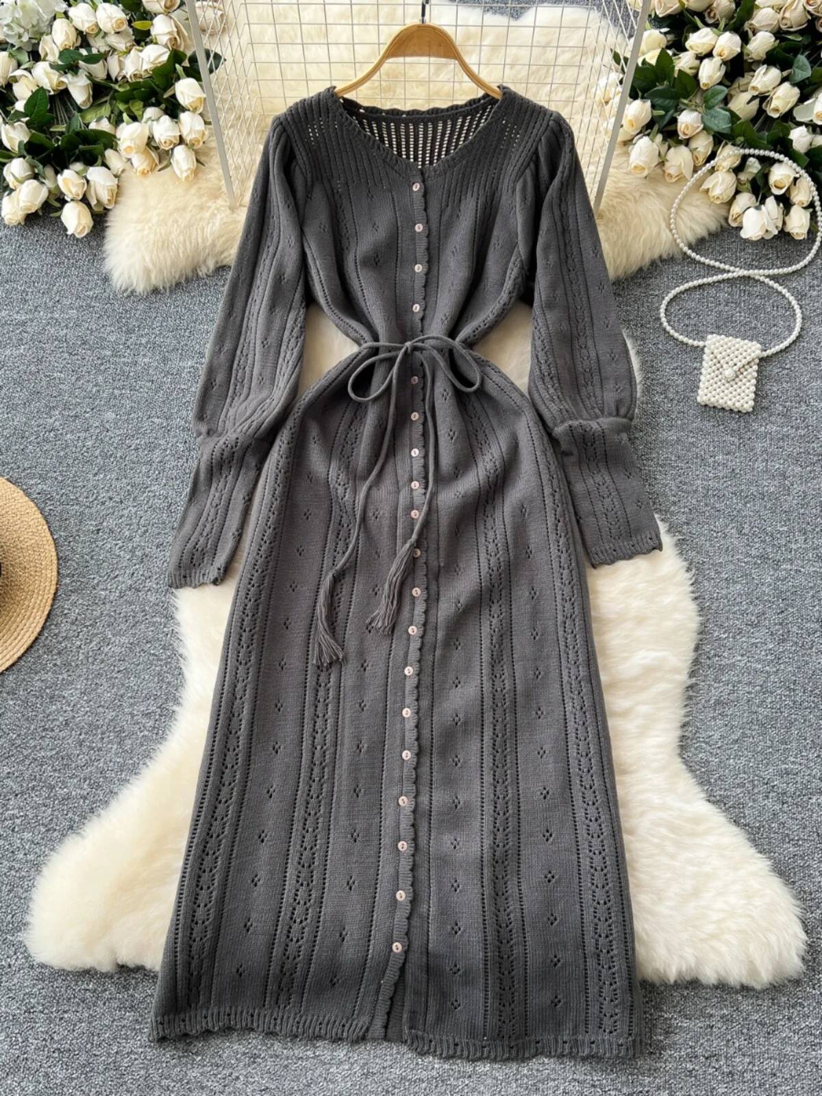 Sweet Hollow out Knitted Women's Autumn Winter High Lantern Sve Bindi Waist Long Dr Korean Sle Commute