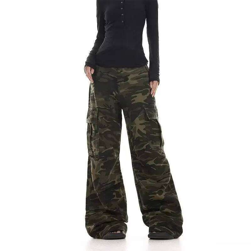 American retro washed design camouflage work pants for men and women, loose straight multi pocket wide leg casual paratroope 26Y0312