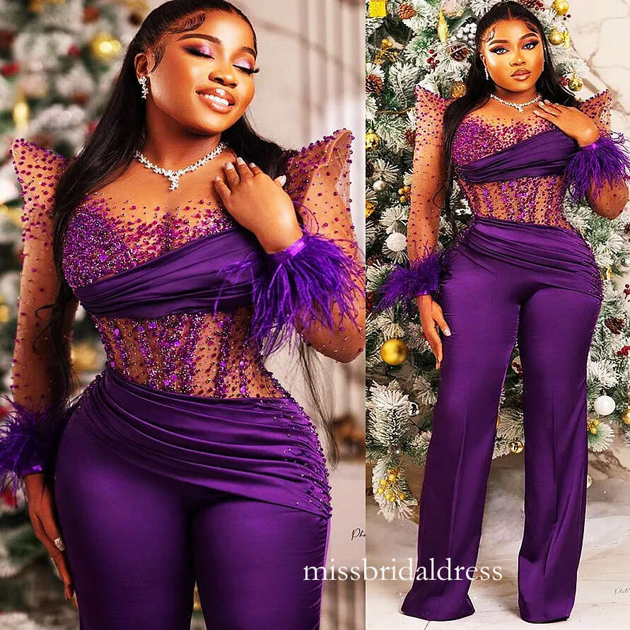 2023 Arabic Aso Ebi Purple Jumpsuits Prom Dresses Beaded Feather Evening Formal Party Second Reception Birthday Engagement Gowns Dress Zj366 D0312