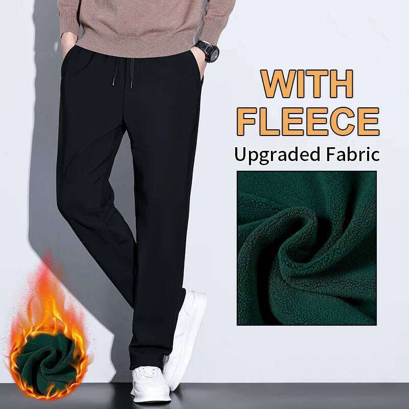Men's Nylon Fleece Lined Loose Straight Wide Leg Pants Autumn Winter Waterproof Stain Resistant Casual Plus Size 5XL