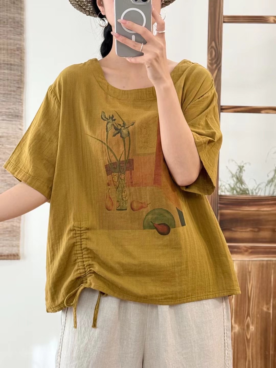 Summer New Double-layer Cotton Gauze Round Designer Hoodie Neck Printed Short Sleeve Women Loose Designer Shirt Fit Plus Size Versatile Polo Shirt Dra