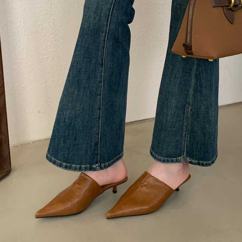 SUOJIALUN 2025 New Women Slipper Fashion Pointed Toe Slip On Ladies Elegant Mules Shoes Thin Low Heel Casual Dress Slides K260312