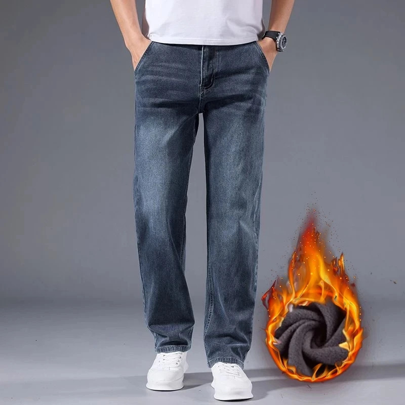 Winter Fleece Men Jeans Thick Stretch Business Casual Trousers Classic Loose Straight Warm Velvet Denim Pants Office Daily Wear 260228