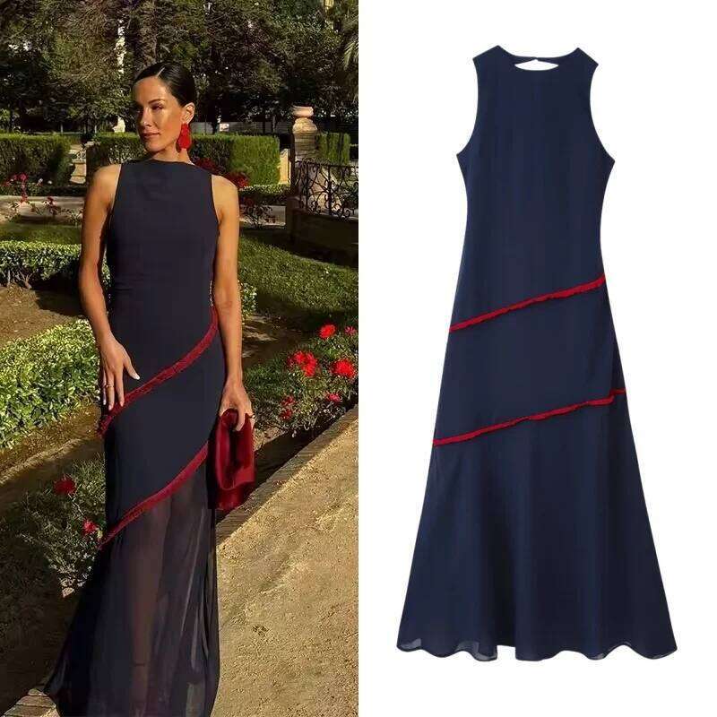 Tidalyf 2025 Women Color Block Backless Dress Sleeveless Round Neck with Fringe Trim and Sheer Chiffon Hem Sexy Party Outfit C260311