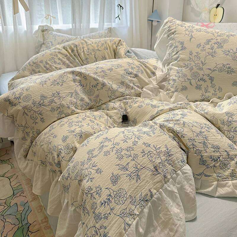 Floral print Korean style Princess Lace Bedding Duvet Cover Set Washed Cotton Flat Sheet set Queen For Girl Decor Home H260312