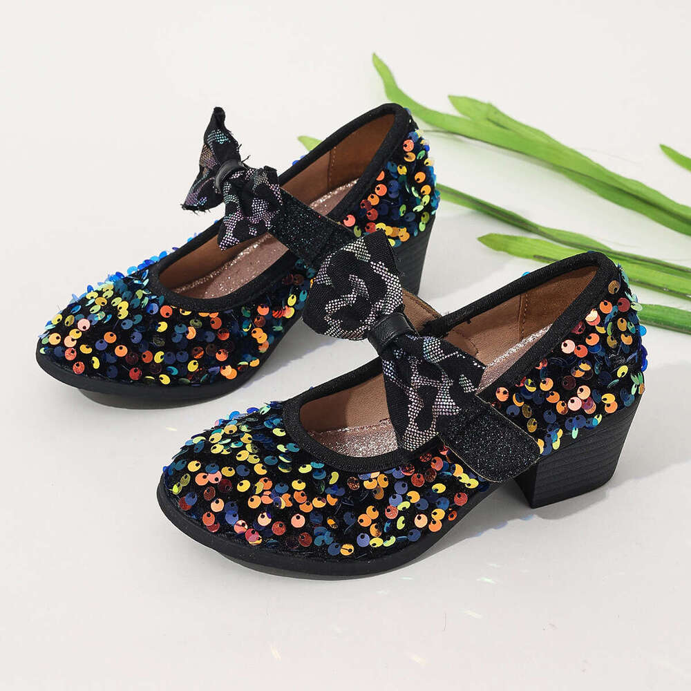 Black sequin fashion girls' high-heeled with Velcro, comfortable bowknot single shoes, princess children's elegant evening shoes 8158