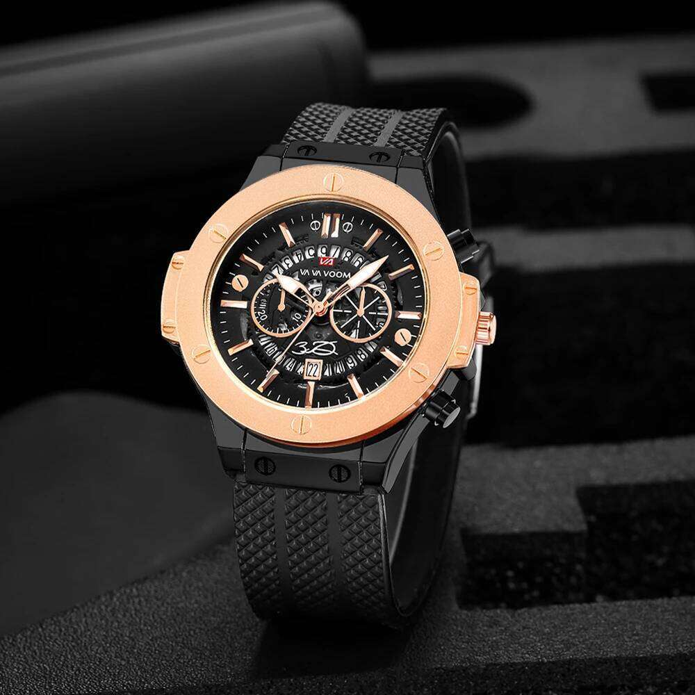VA VOOM Brand Men Black Silicone Style 48mm Large Dial Classic Racing Series Quartz Movement Casual Sports Watch