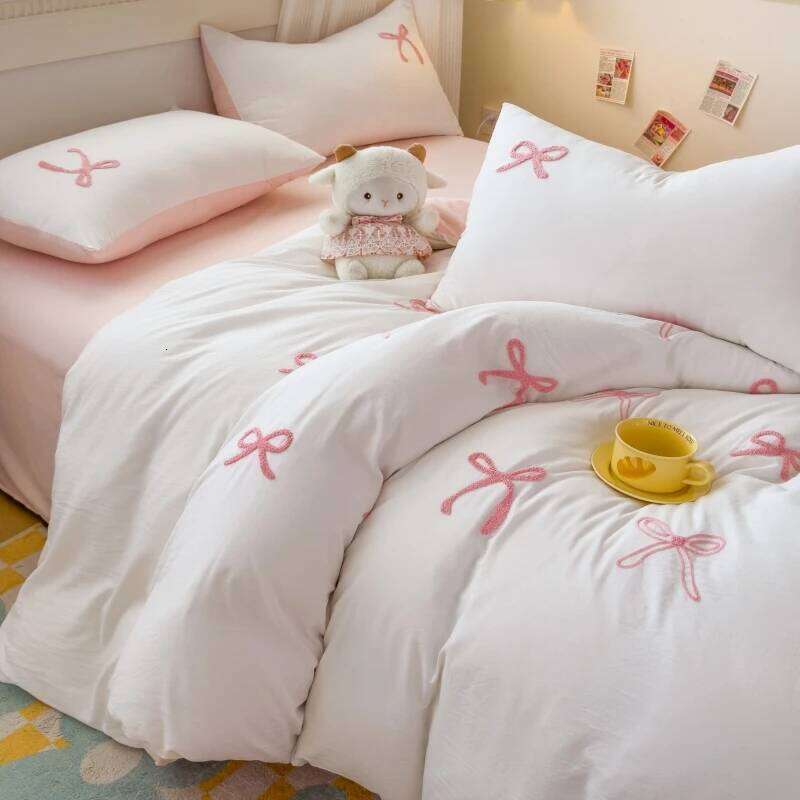 3-Piece Sheet Pink Bowknot Embroidery Duvet Cover Set, Comfortable Bedding Set Bedspread for All Seasons H260312