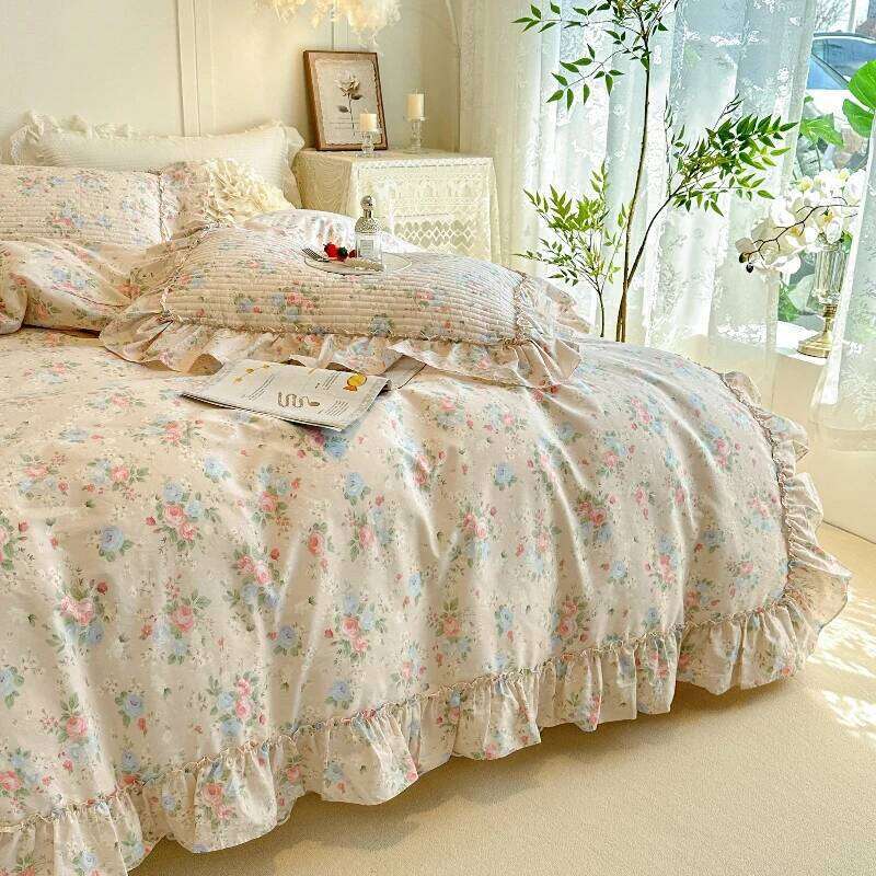 AI WINSURE-Romantic Cotton Duvet Cover Set, Double Bed, Lace Ruffle Bedspread, with 2 Pillowcases, Printed 4-Piece Set H260312