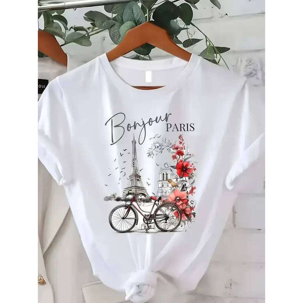 Fashion Bonjour Paris Text Print Short Sleeve Printed T Shirt Casual Women's T-Shirt Graphic Clothing Top Tee Z260312
