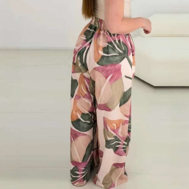 2025 New European and American Women's Fashion Spring/Autumn Colorful Printed High-Waisted Casual Comfortable Draped Wide-Leg Pants