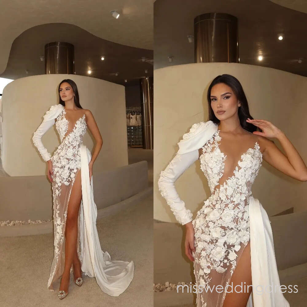 Elegant Wedding Dresses 3D Floral Appliques Mermaid Bridal Gowns Detachable Train Split Illusion Customized Vestidos De Novia Plus Size