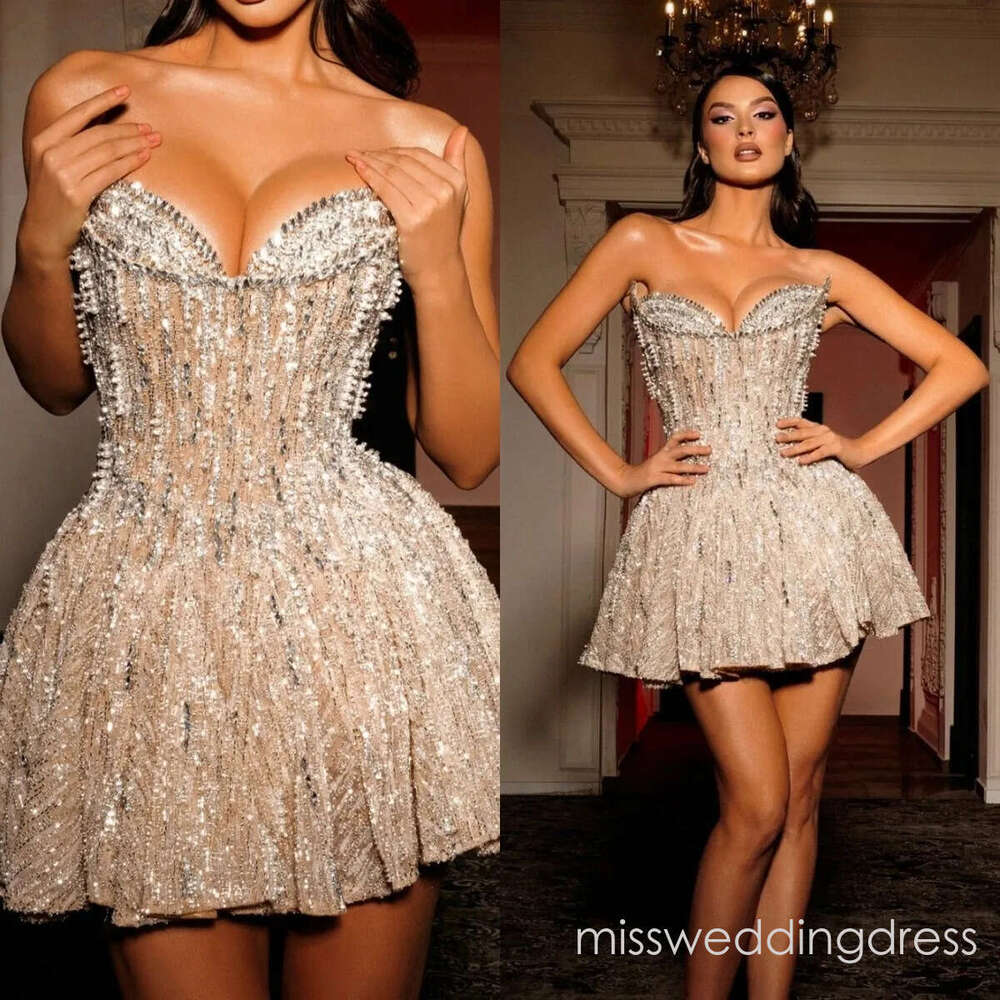 Fashion Strapless Cocktail Dresses Crystal Sequins Beading Mini Evening Prom Gowns Rhinestone Sleeveless Customized Graduation Ball Club Party Dress